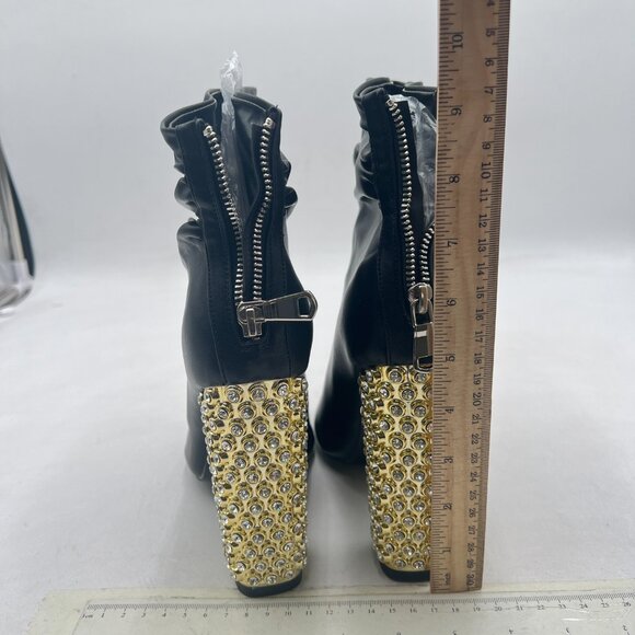 FSJ Black Stylish Peep Toe Slouch Ankle Boots Chunky Stacked Heels Crystal Shoes - Picture 5 of 8